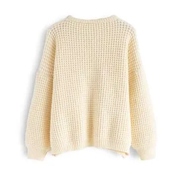 CHICWISH Women's Comfy Casual Cream Puff Sleeves Oversize Waffle Soft Knit Sweater Pullover