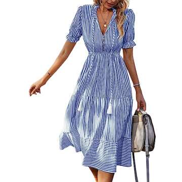 LYANER Women's V Neck Stripe High Waist Puff Short Sleeve Tiered Ruffle Hem Swing Midi Dress Blue Small