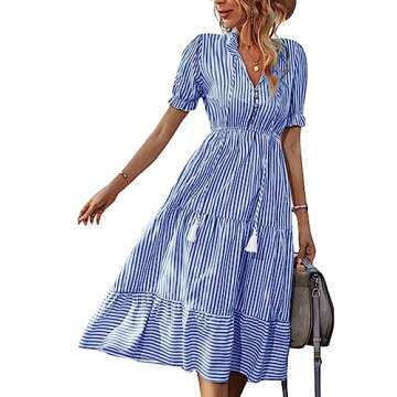 LYANER Women's V Neck Stripe High Waist Puff Short Sleeve Tiered Ruffle Hem Swing Midi Dress Blue Small