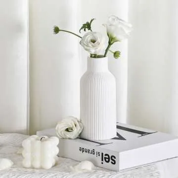 White Ceramic Flower Vase, Pampas Grass Small Vase for Decor, Dining Table, Shelf Decor, Mantel, Entry Decor and Centerpieces, Minimalist Modern, Bohemian