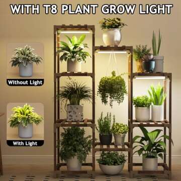 HOMKIRT Plant Stand with Grow Light, Tier Plant Shelf Indoor Outdoor for Multiple Plants, Wood Tall Plant Rack Holder Flower Stand for Corner, Patio, Garden, Living Room