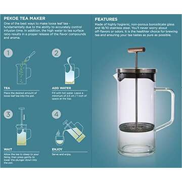 Teabloom Tea Press with Copper Pull Handle and Stainless Steel Filter – Tea Connoisseur's Choice – Pekoe Tea Maker, 20-Ounce