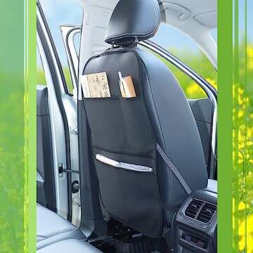 pefirst Kick Mat Back Seat Protector Waterproof Leather Car Seat Back Organizers Cover with 3 Storage Pockets for Kids Pets SUV Sedan Minivan Truck Car Travel Accessories (Black 2-Pack)