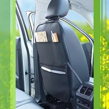 pefirst Kick Mat Back Seat Protector Waterproof Leather Car Seat Back Organizers Cover with 3 Storage Pockets for Kids Pets SUV Sedan Minivan Truck Car Travel Accessories (Black 2-Pack)