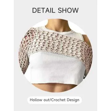 KEOMUD Women Mesh Crochet Crop Top Long Sleeve Hollow Out Cropped Knit Sweater Bikini Beach See Through Cover Ups Beige Small
