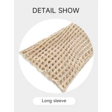 KEOMUD Women Mesh Crochet Crop Top Long Sleeve Hollow Out Cropped Knit Sweater Bikini Beach See Through Cover Ups Beige Small