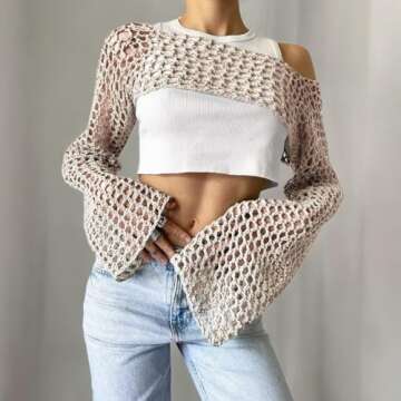 KEOMUD Women Mesh Crochet Crop Top Long Sleeve Hollow Out Cropped Knit Sweater Bikini Beach See Through Cover Ups Beige Small