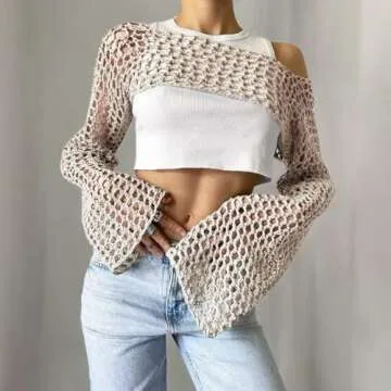 KEOMUD Women Mesh Crochet Crop Top Long Sleeve Hollow Out Cropped Knit Sweater Bikini Beach See Through Cover Ups Beige Small