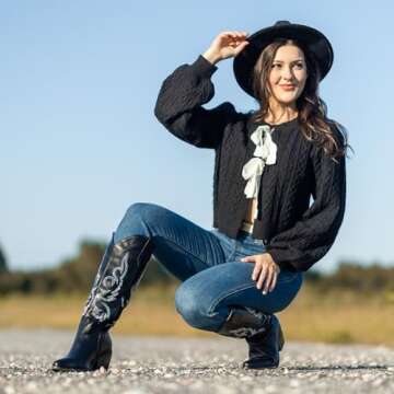 Platikly Black Cowboy Boots for Women - Rhinestone Wide Calf Cowgirl Boots, Knee High Western Footwe...