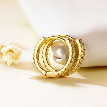 Dainty CZ Huggie Hoop Earrings 18K Gold Filled Chunky Simple Cute Thick Round Frill Bead Ball Starburst Cuff Earrings Cubic Zirconia Hoop Earrings Minimalist Personalized Gift for Her