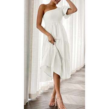 ZESICA Women's Boho Summer One Shoulder Short Sleeve Smocked Side Split Ruffle Swing Midi Dress White S