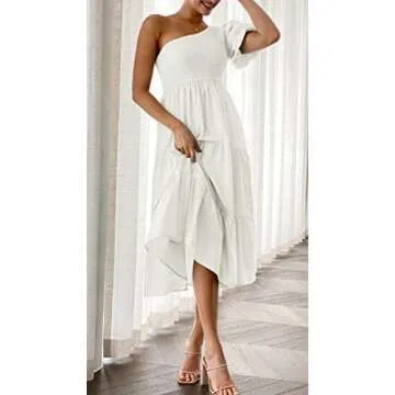 ZESICA Women's Boho Summer One Shoulder Short Sleeve Smocked Side Split Ruffle Swing Midi Dress White S