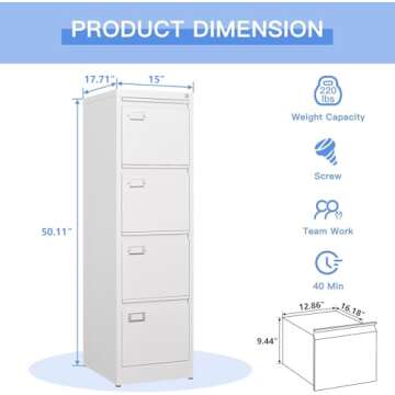 Yizosh 4 Drawer White File Cabinet with Lock, Filing Cabinets for Home Office, Metal Locking Office File Storage Cabinets with Drawers, Vertical Small Filing Cabinet Organizer for Legal/A4