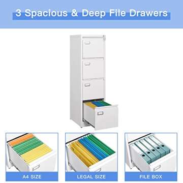 Yizosh 4 Drawer White File Cabinet with Lock, Filing Cabinets for Home Office, Metal Locking Office File Storage Cabinets with Drawers, Vertical Small Filing Cabinet Organizer for Legal/A4