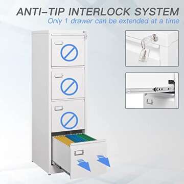 Yizosh 4 Drawer White File Cabinet with Lock, Filing Cabinets for Home Office, Metal Locking Office File Storage Cabinets with Drawers, Vertical Small Filing Cabinet Organizer for Legal/A4