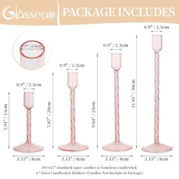 Glasseam Glass Candlestick Holders Pink: Taper Candle Holders Set of 4 Tall Candle Holders for Candlesticks Decorative Tapered Candle Holders for Table Centerpiece Wedding Christmas Home Decor