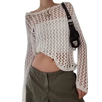 Chic ABYOVRT Women’s Crochet Hollow Out Fishnet Top - Versatile Long Sleeve Shirt