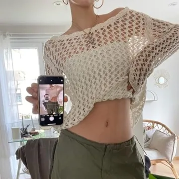ABYOVRT Knit Hollow Out Fishnet Top for Women