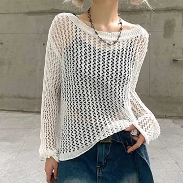 ABYOVRT Knit Hollow Out Fishnet Top for Women