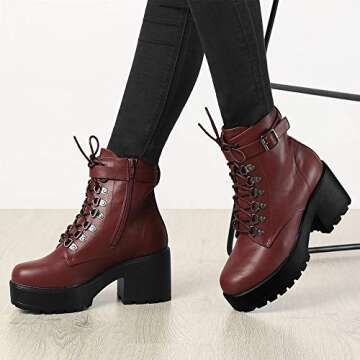 Allegra K Women's Zip Chunky Heel Platform Ankle Burgundy Combat Boots - 6 M US