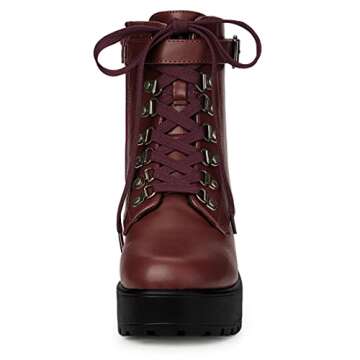 Allegra K Women's Zip Chunky Heel Platform Ankle Burgundy Combat Boots - 6 M US