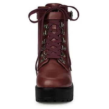 Allegra K Women's Zip Chunky Heel Platform Ankle Burgundy Combat Boots - 6 M US