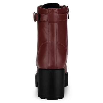 Allegra K Women's Zip Chunky Heel Platform Ankle Burgundy Combat Boots - 6 M US