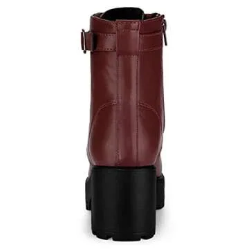 Allegra K Women's Zip Chunky Heel Platform Ankle Burgundy Combat Boots - 6 M US