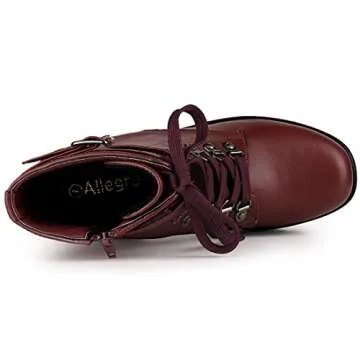 Allegra K Women's Zip Chunky Heel Platform Ankle Burgundy Combat Boots - 6 M US