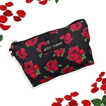 Betsey Johnson 8.5 Inch Zipper Cosmetic Pouch Small Toiletry Bag–Lightweight Durable Polyester Organizer with Inner Zipped Pocket Good For Makeup Accessories and Travel Needs (Covered Rose)