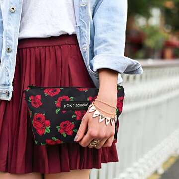 Betsey Johnson 8.5 Inch Zipper Cosmetic Pouch Small Toiletry Bag–Lightweight Durable Polyester Organizer with Inner Zipped Pocket Good For Makeup Accessories and Travel Needs (Covered Rose)