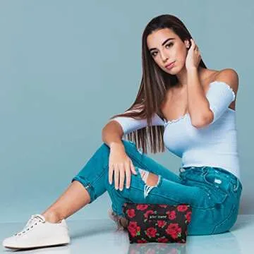 Betsey Johnson 8.5 Inch Zipper Cosmetic Pouch Small Toiletry Bag–Lightweight Durable Polyester Organizer with Inner Zipped Pocket Good For Makeup Accessories and Travel Needs (Covered Rose)