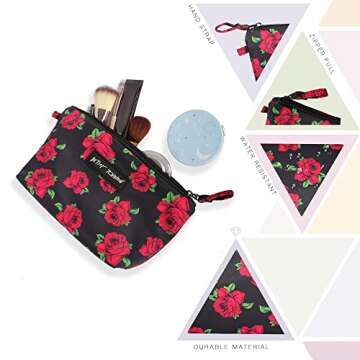 Betsey Johnson 8.5 Inch Zipper Cosmetic Pouch Small Toiletry Bag–Lightweight Durable Polyester Organizer with Inner Zipped Pocket Good For Makeup Accessories and Travel Needs (Covered Rose)