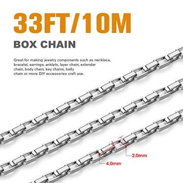 33 Feet Stainless Steel Box Chain Bulk, 2mm 304 Stainless Steel Chains Roll Spool Thin Square Rolo B...