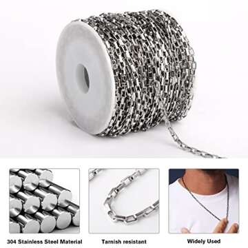33 Feet Stainless Steel Box Chain Bulk, 2mm 304 Stainless Steel Chains Roll Spool Thin Square Rolo Box Link Chain Bulk for Jewelry Making DIY Craft