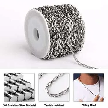 33 Feet Stainless Steel Box Chain Bulk, 2mm 304 Stainless Steel Chains Roll Spool Thin Square Rolo Box Link Chain Bulk for Jewelry Making DIY Craft