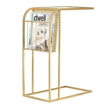Creative Co-Op Metal Side Table with Magazine Rack and Glass Top, Gold