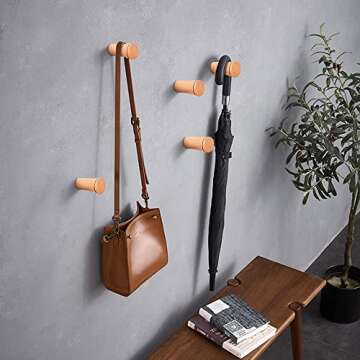 HomeDo Natural Wooden Coat Hooks Wall Mounted Vintage Single Organizer Hangers, Handmade Craft Hat Rack Hat Hanger (Beech-2inch, 6Pack)