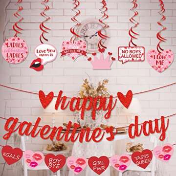 TTDQ Happy Galentine's Day Banner and Garland Set - Red and Pink Glitter Heart Decorations for Parti...