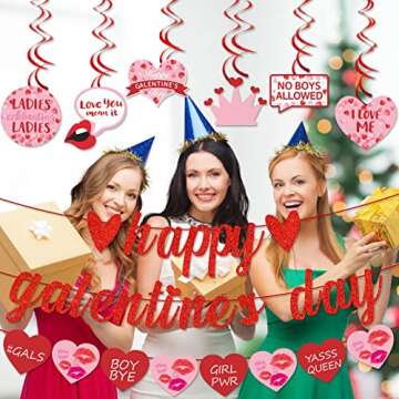 TTDQ Happy Galentine's Day Banner and Garland Set - Red and Pink Glitter Heart Decorations for Parties, Weddings, and Corporate Events
