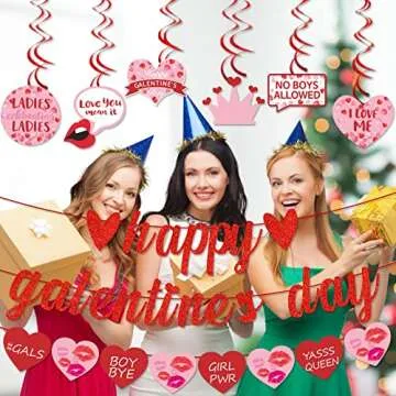 TTDQ Happy Galentine's Day Banner and Garland Set - Red and Pink Glitter Heart Decorations for Parties, Weddings, and Corporate Events