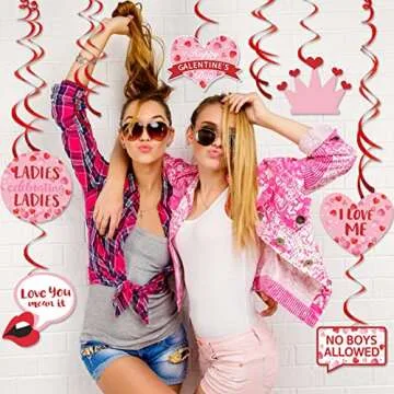 TTDQ Happy Galentine's Day Banner and Garland Set - Red and Pink Glitter Heart Decorations for Parties, Weddings, and Corporate Events