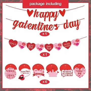 TTDQ Happy Galentine's Day Banner and Garland Set - Red and Pink Glitter Heart Decorations for Parties, Weddings, and Corporate Events