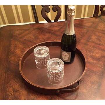 HofferRuffer Top Nocth PU Leather Round Serving Tray, Decorative Serving Tray with Handles, Coffee Tray, Ottoman Tray for Home Or Office, Diameter 14.6-inch, Brown