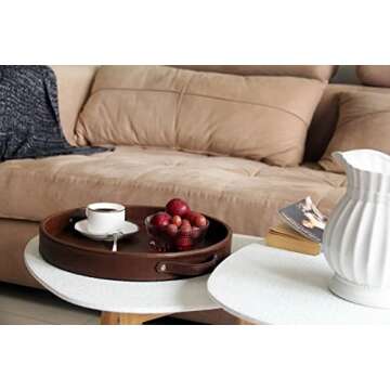 HofferRuffer Top Nocth PU Leather Round Serving Tray, Decorative Serving Tray with Handles, Coffee Tray, Ottoman Tray for Home Or Office, Diameter 14.6-inch, Brown