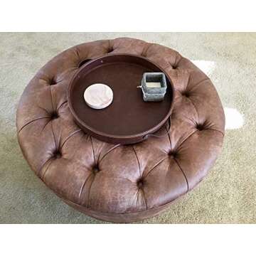 HofferRuffer Top Nocth PU Leather Round Serving Tray, Decorative Serving Tray with Handles, Coffee Tray, Ottoman Tray for Home Or Office, Diameter 14.6-inch, Brown