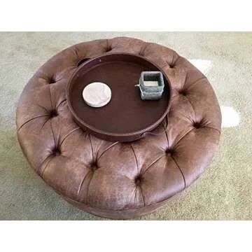 HofferRuffer Top Nocth PU Leather Round Serving Tray, Decorative Serving Tray with Handles, Coffee Tray, Ottoman Tray for Home Or Office, Diameter 14.6-inch, Brown
