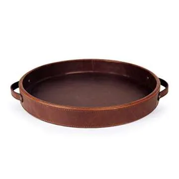 HofferRuffer Top Nocth PU Leather Round Serving Tray, Decorative Serving Tray with Handles, Coffee Tray, Ottoman Tray for Home Or Office, Diameter 14.6-inch, Brown