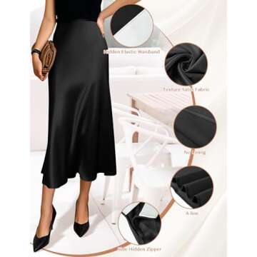Satin Skirts for Women Trendy, High Waisted Womens Skirts Midi Long Length, Elegant Zipper Flared Elastic A-line Silk Skirts (Black, L)