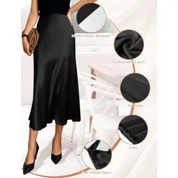Satin Skirts for Women Trendy, High Waisted Womens Skirts Midi Long Length, Elegant Zipper Flared Elastic A-line Silk Skirts (Black, L)